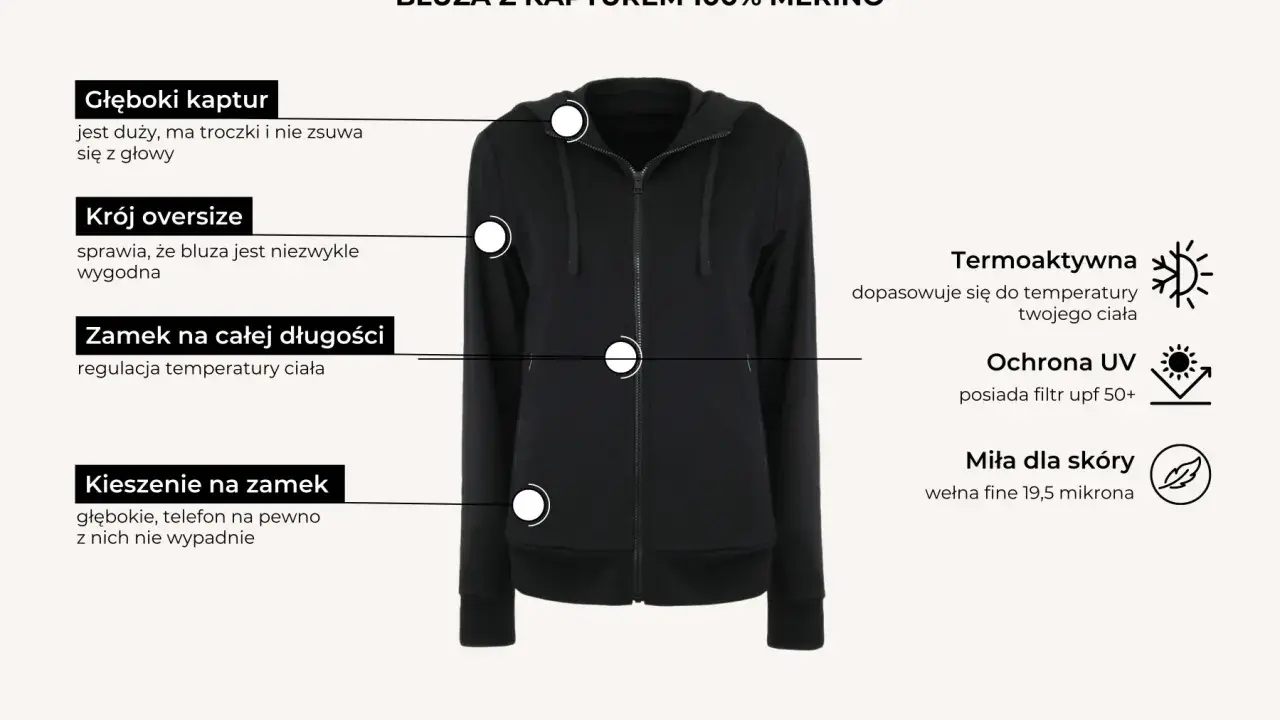 Czarna bluza z kapturem 100% merino. Właściwości: termoaktywna, ochrona UV, miła dla skóry. Krój oversize, głęboki kaptur, zamek na całej długości, kieszenie na zamek.